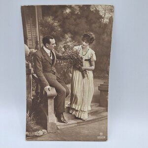 Antique Romantic Postcard Couple Scene‎ Sepia Tone Handwritten Message Ephemera